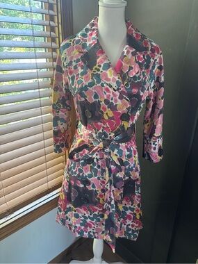 Vertigo Paris Y2K Floral Belted Trench Coat Pink Abstract Jacket Small